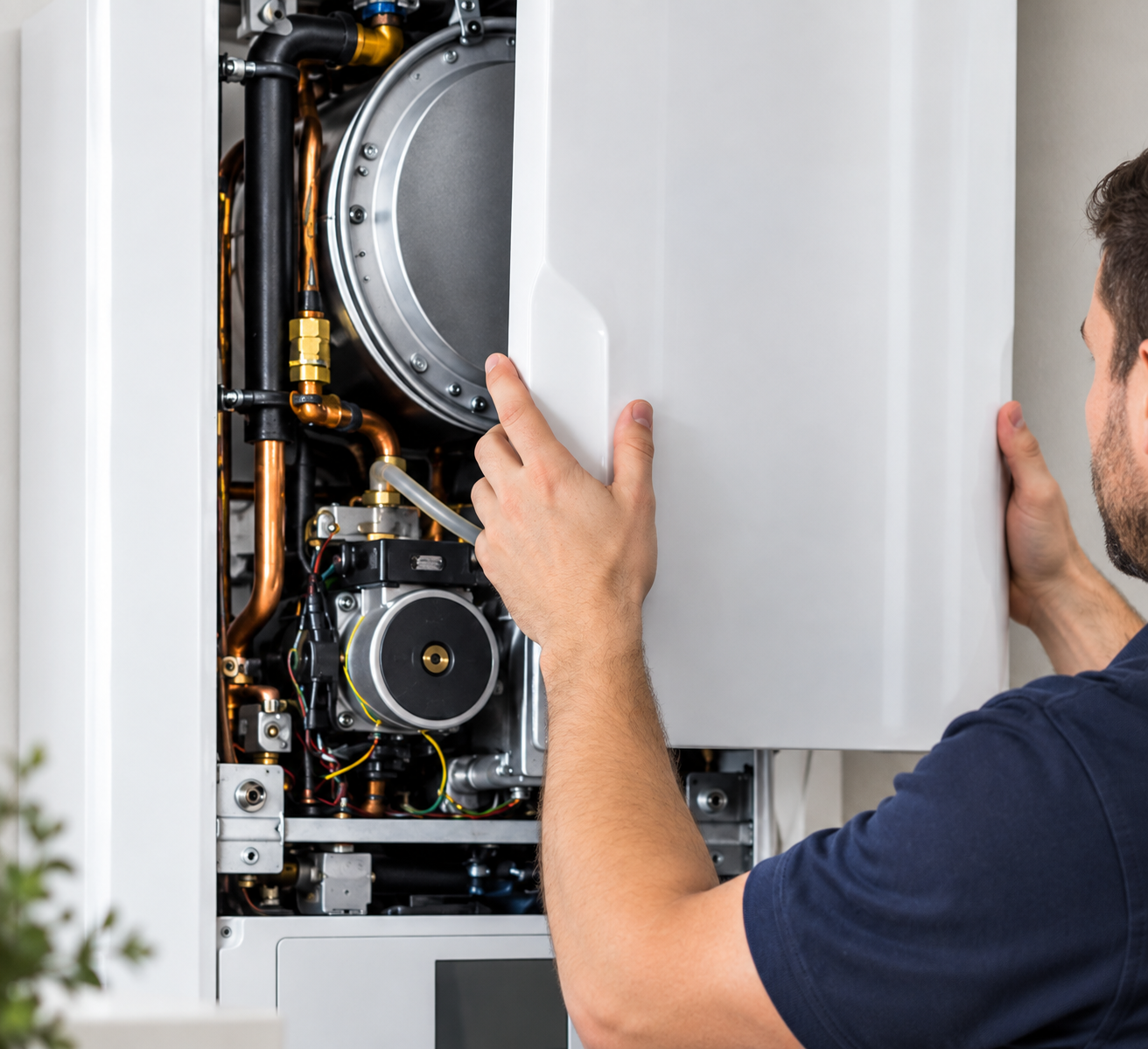 A Corr Heating engineer servicing a gas boiler