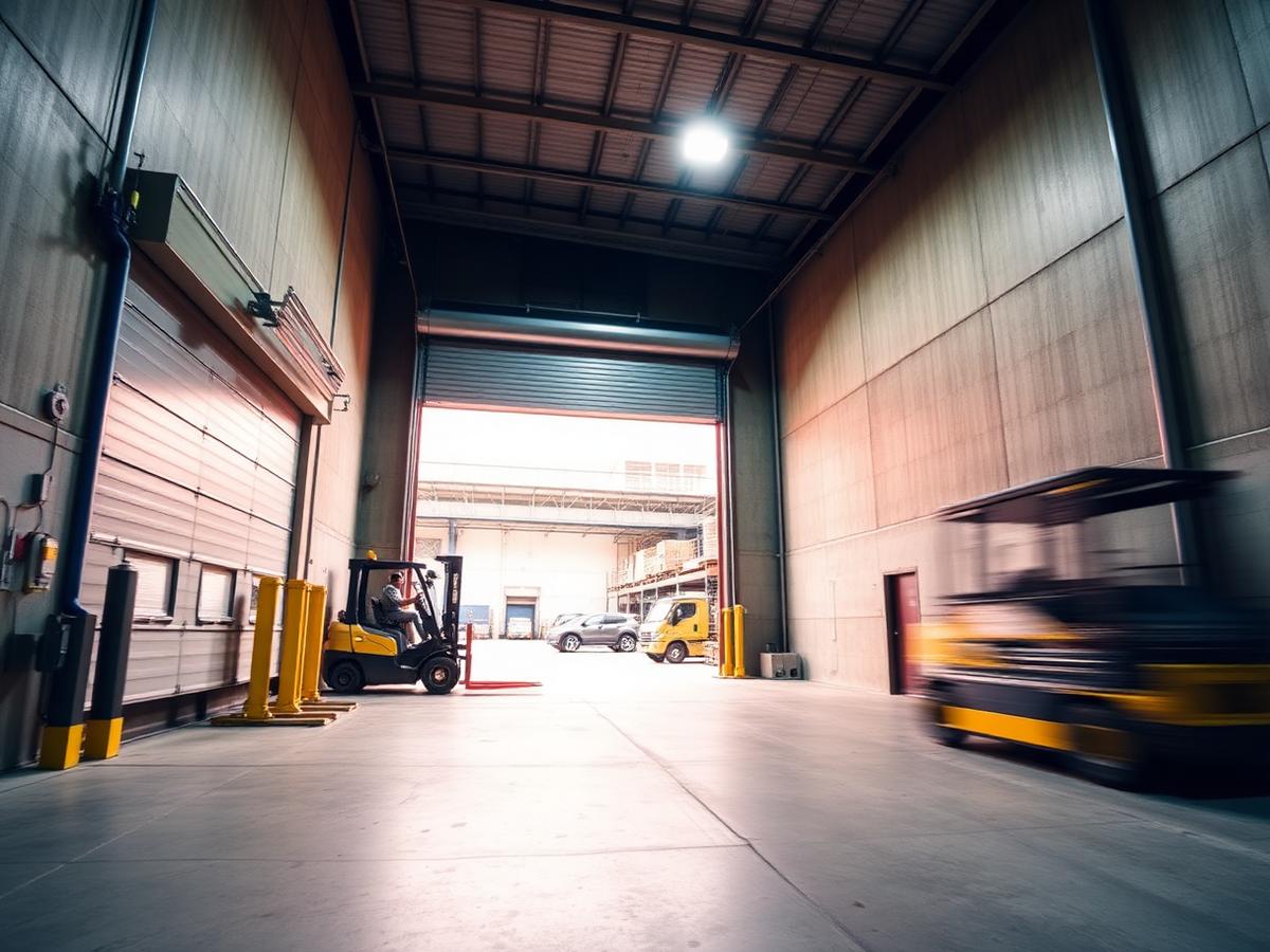 Warehouse loading bay interior with dock leveller, rapid roll door and forklift in motion