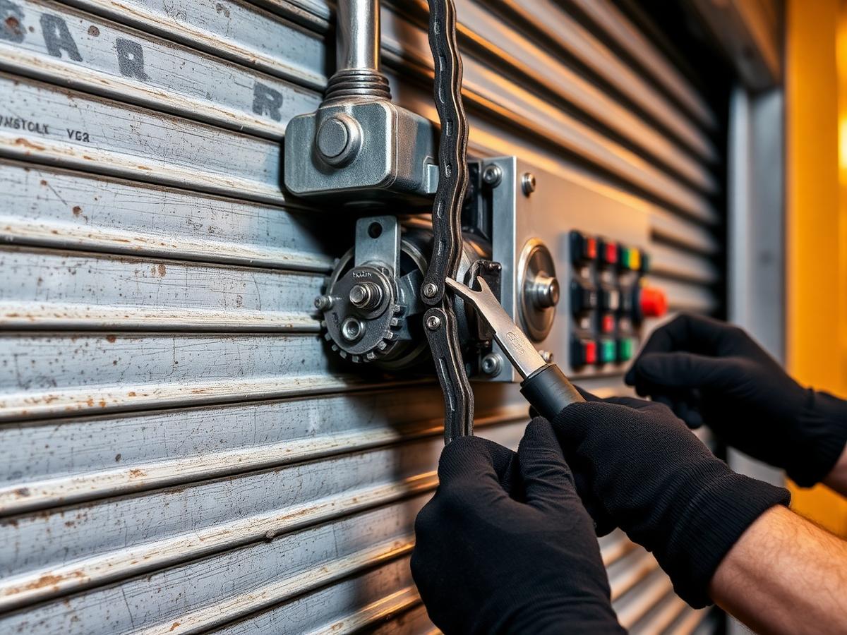 Roller shutter motor, drive chain and control gear being serviced during a planned maintenance visit
