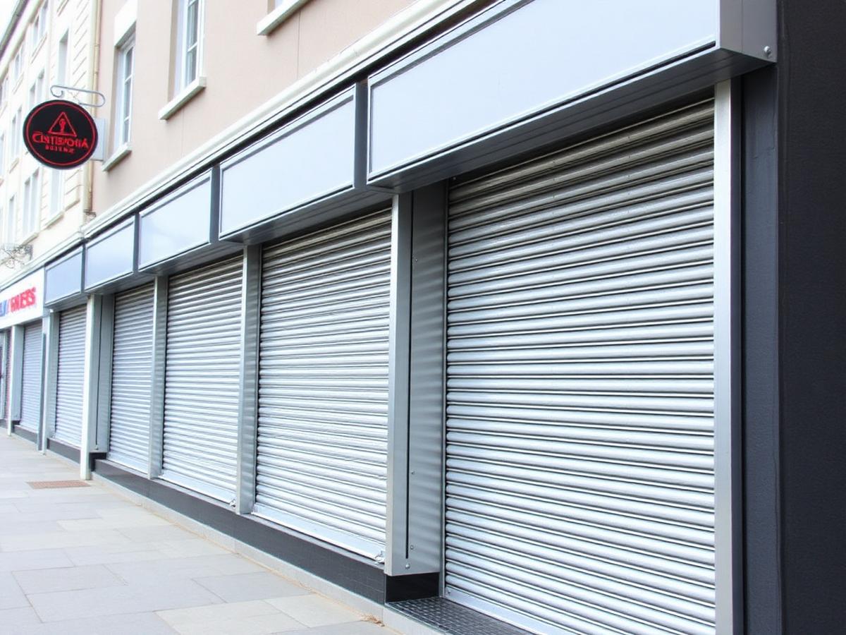 Newly installed galvanised commercial roller shutters fitted across a row of retail shopfront units